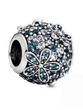 Pandora Sterling Silver Teal Blue Pavé Daisy Flower Charm Bracelet Retired
